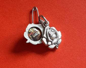 Vintage religious Catholic silver plated rose charm, a folding out (movable parts) rose with Our Lady, Notre Dame de Lourdes pendant charm