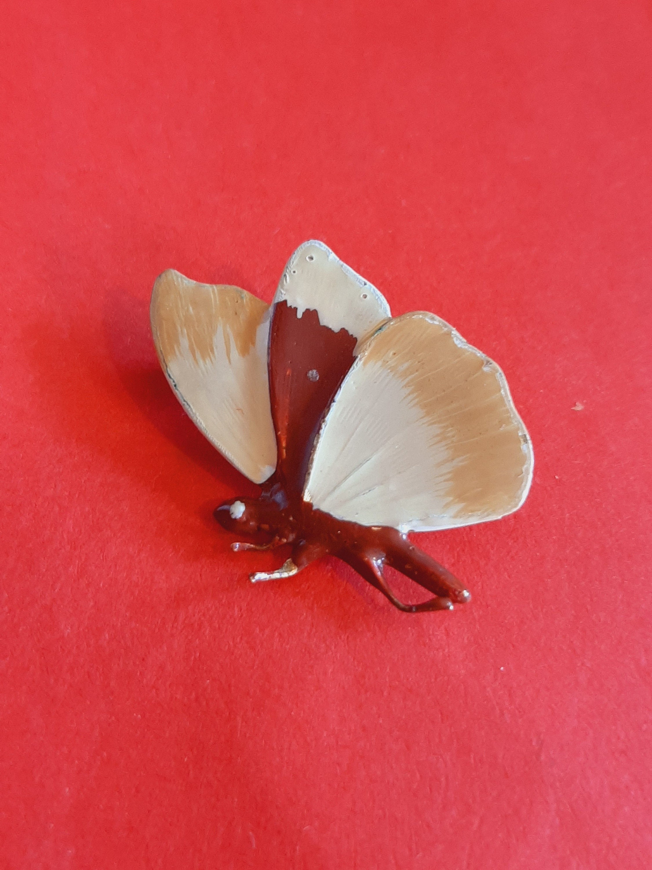 Broche Vintage Papillon En émail Sur Cuivre - Motif Coloré Marron, Noir, Orange, Beige - Bijou Ancien #L# Z150