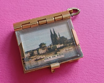 Vintage gold plated book locket pendant charm of Germany, vintage book locket with pictures of famous buildings of Germany, Köln am Rhein