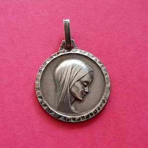 Religious French vintage Catholic silver plated medal pendant charm of Our Lady of Lourdes France