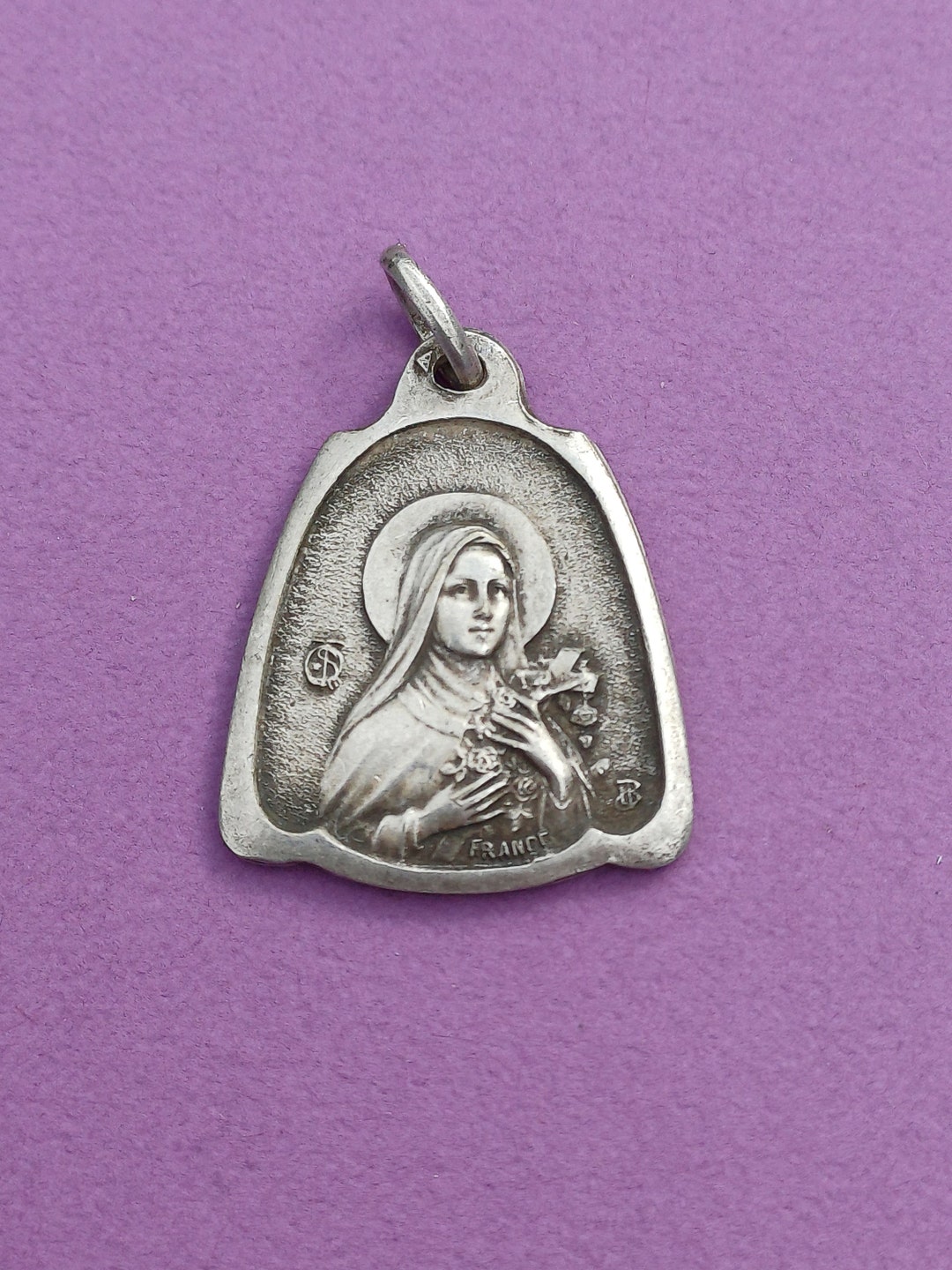 Vintage Religious Catholic French Floral Silver Plated Medal Pendant of ...
