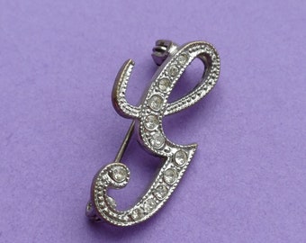 Vintage silver plated initial G letter brooch, scarf pin with the letter G, monogram G brooch, vintage letter brooch with strass stones