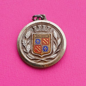 Vintage religioso católico francés plateado medalla colgante de San Cristóbal, San Cristóbal y la heráldica de Borgoña Francia