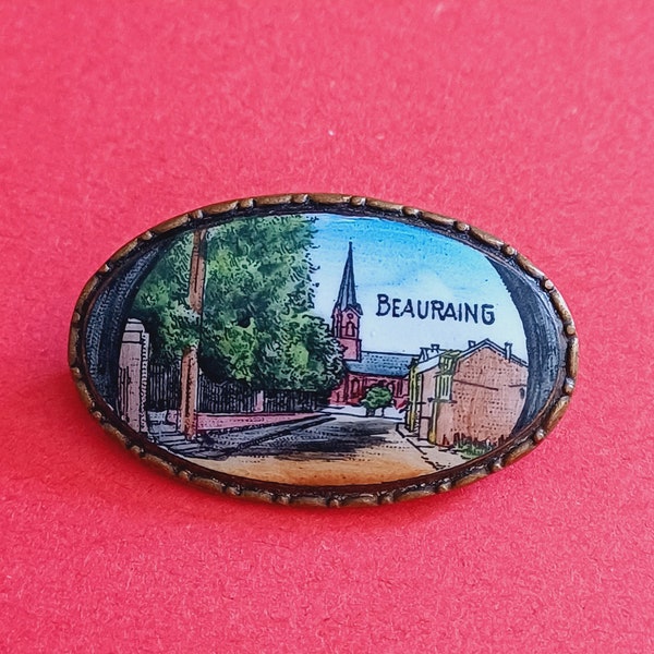 Antique Victorian brass oval enamel brooch of Beauraing, antique enameled brooch of Beauraing Belgium