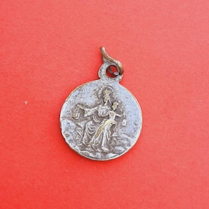 Vintage religious Catholic brass silver plated medal pendant Sacred Heart Jesus Christ and Our Lady of Scapularis