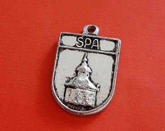 Vintage silver plated travel shield charm of Spa Belgium, souvenir Spa Belgique