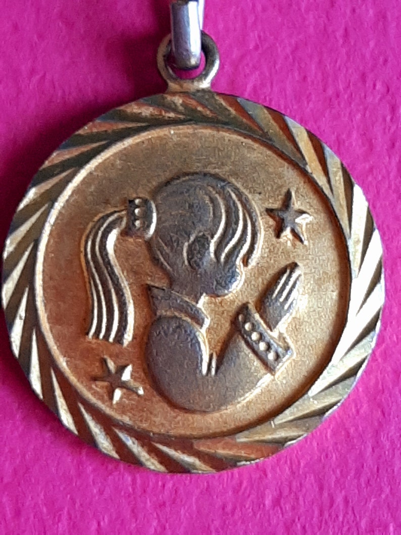 Vintage French brass medal pendant medallion charm of a young praying girl Child gift for the First Holy Communion or Confirmation