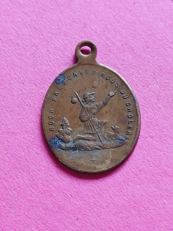 Antique religious Catholic French copper oval medal pendant of St Hubertus, St Hubert and Saint Roch, St Rocco charm