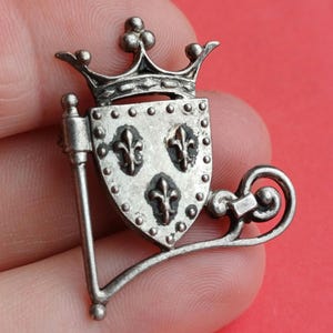 Antique French silver plated heraldry brooch, old crest brooch France, heraldry pin France