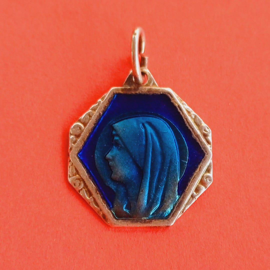 Vintage Religious Catholic French Blue Enamel Medal Pendant of Our Lady ...