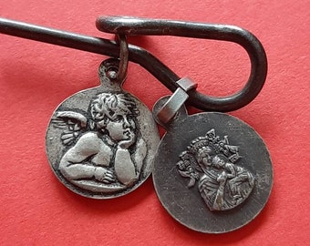 Antique religious Catholic French chatelaine with religious medals, cherub medal, St Cornelius medal and Our Lady of Perpetual Help medal