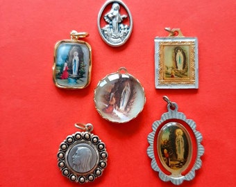 Vintage mix of religious gold and silver colored medal pendants, colorful charms of Our Lady, vintage mix religious items, diy religious