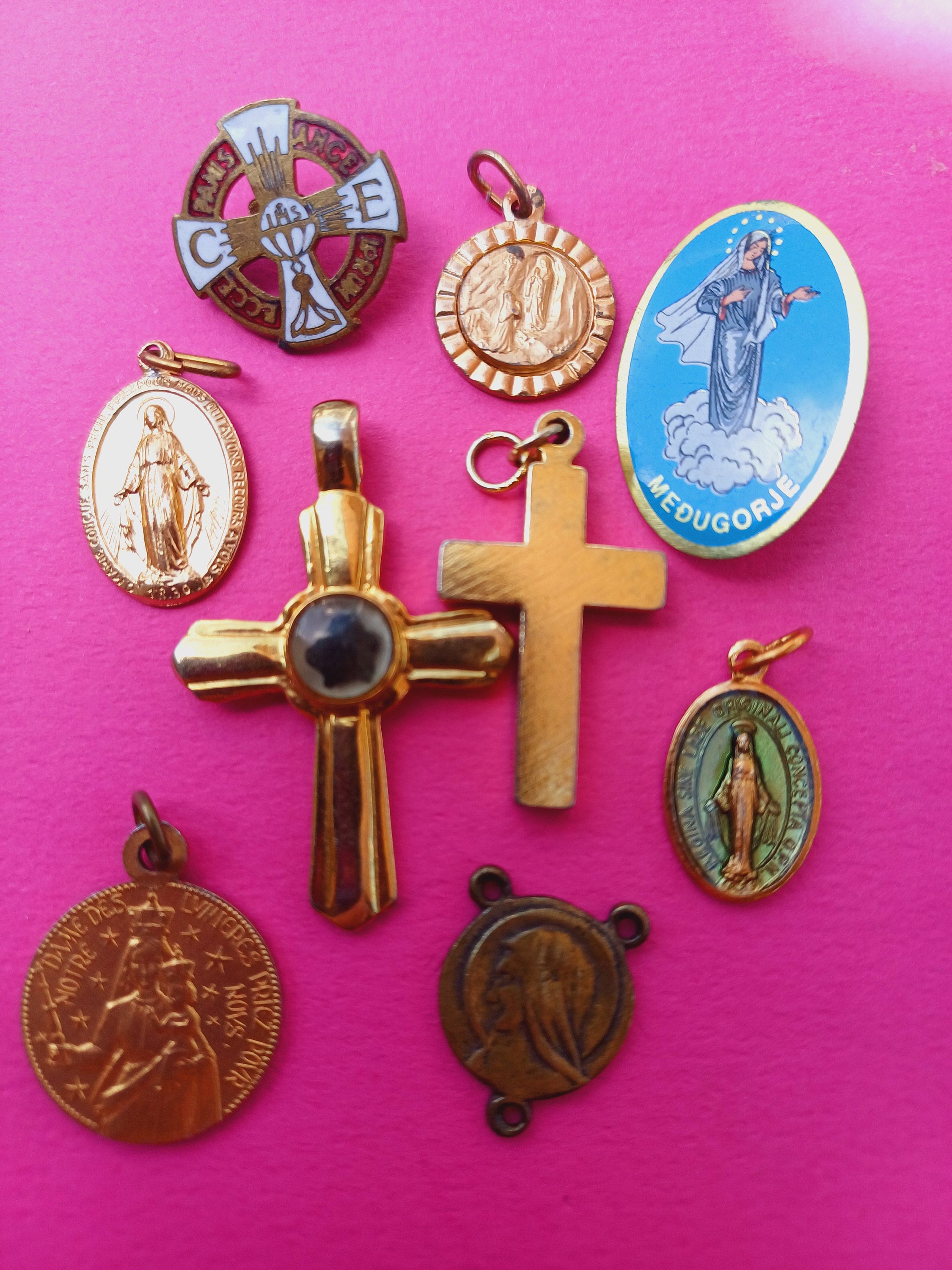 Assortment Vintage Gold Plated Religious Catholic Items of Our Lady and ...