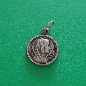 Vintage French tiny religious Catholic silver plated medal pendant charm of Our Lady of Lourdes France, tiny vintage Lourdes pendant