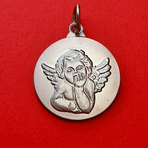 Vintage silver plated medal pendant of cherub, charm of a putti, cherub medal pendant, guardian angel charm