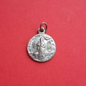 Religious vintage French, silver plated, signed medal pendant of Saint Ghislain whit animals, Ghislenus and floral cross, St Ghislain