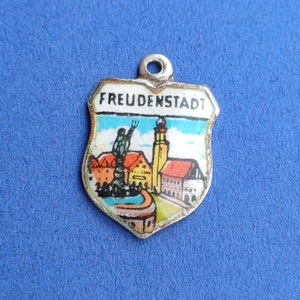 Vintage silver 800 and enamel Freudenstadt Germany travel shield charm, enamel Freudenstadt pendant charm, heraldry Freudenstadt