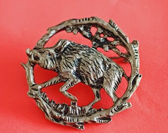 Vintage South German silver plated hunter brooch of a wild boar, hunting wild boar brooch, Bavarian wild boar brooch, wild swine, wild pig