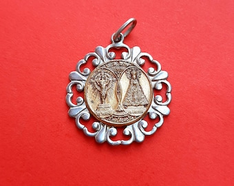 Vintage religious Catholic openwork silver and gold plated medal pendant of Mother Virgin and Holy Christ Our Lord, Crucifix charm