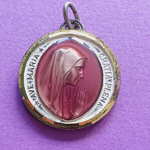 Vintage religious Catholic rare medal pendant of Our Lady of Banneux, Souvenir Banneux medal pendant, enamel charm Our Lady of Banneux