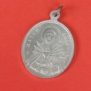 Vintage religious Catholic French aluminum medal pendant charm of Our Lady of Sorrows, Mater Dolorosa, Ave Maria, Our Lady of Seven Swords