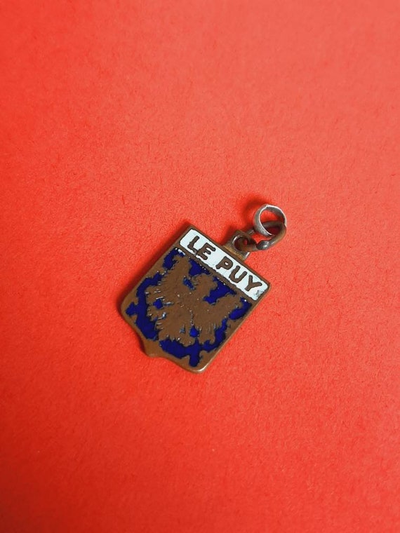 Vintage bronze and enamel pendant charm Le Puy France, Le Puy travel shield, Our Lady of France, coat of arms Le Puy, Notre Dame du Puy