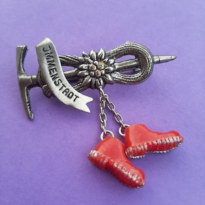 Vintage Bavarian silver plated and red celluloid souvenir brooch of Immenstadt, Alpin hat pin, Edelweiss hat pin, celluloid mountain charms