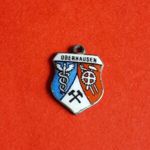 Vintage silver 800 and enamel travel shield charm of Oberhausen Germany, souvenir Oberhausen, Heraldry Oberhausen, coat of arms Oberhausen