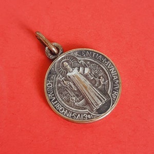 Vintage religious French Catholic silvered brass medal pendant of Saint Benedict, St Benoit, St Benedictus, Saint Benedict medal, Pax medal