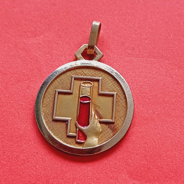 Vintage gold plated blood group B charm, blood group B medal pendant, blood donation charm, Rhesus factor negative charm, Groupe Sanguin