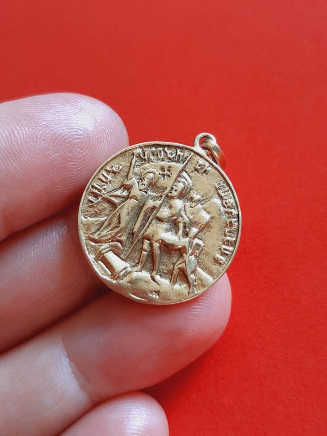 Vintage gold plated signed medal pendant of a Roman