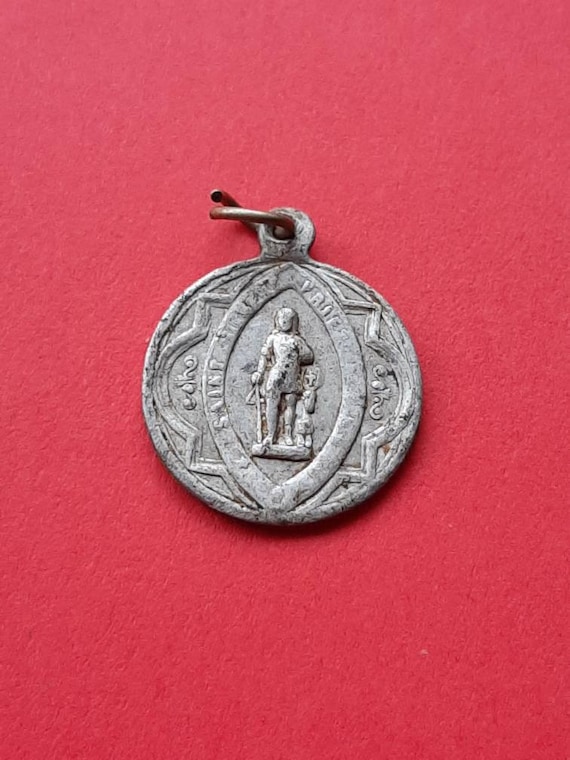 Antique religious Catholic French aluminum medal pendant of Saint Hubert, St Hubertus, old medal St Hubert