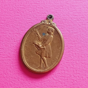 Antique bronze medal pendant of a Mother with children, Maternellove, Orphan Orphanage, la fleur de l orphelin medal, signed Devreese