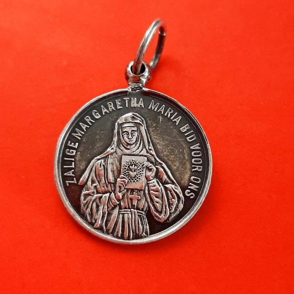 Religious vintage Catholic, hallmark sword silver,medal pendant of Margaretha Maria, Margaret Mary Alacoque
