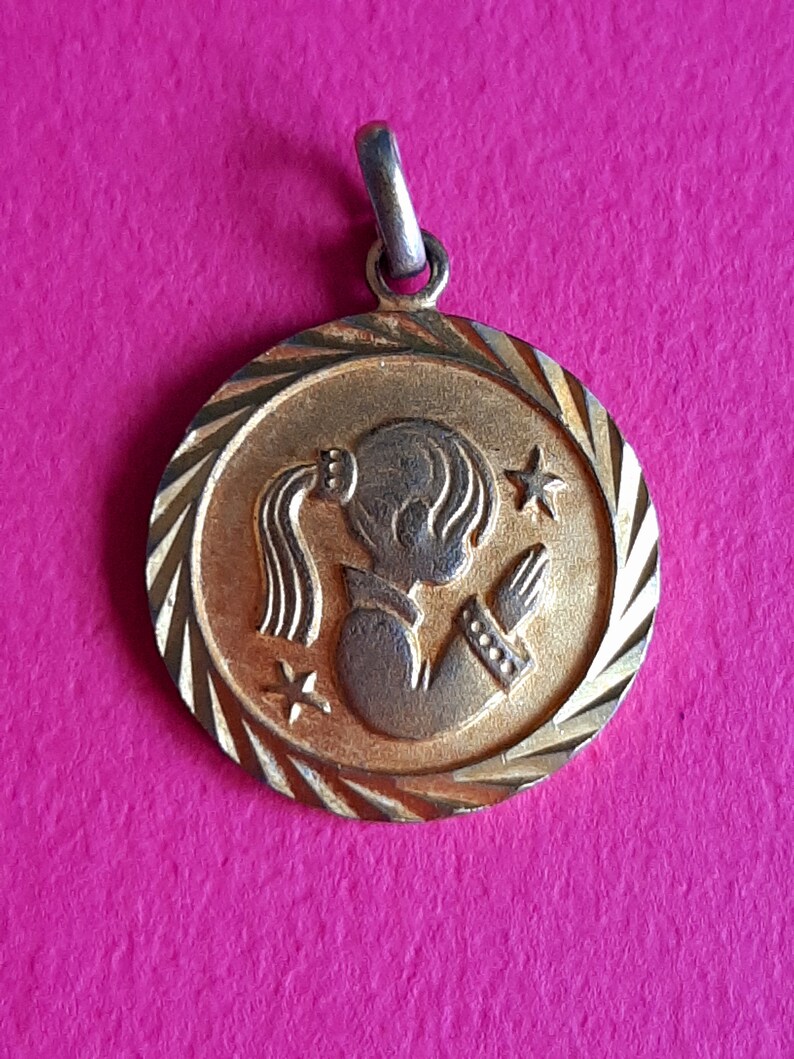 Vintage French brass medal pendant medallion charm of a young praying girl Child gift for the First Holy Communion or Confirmation