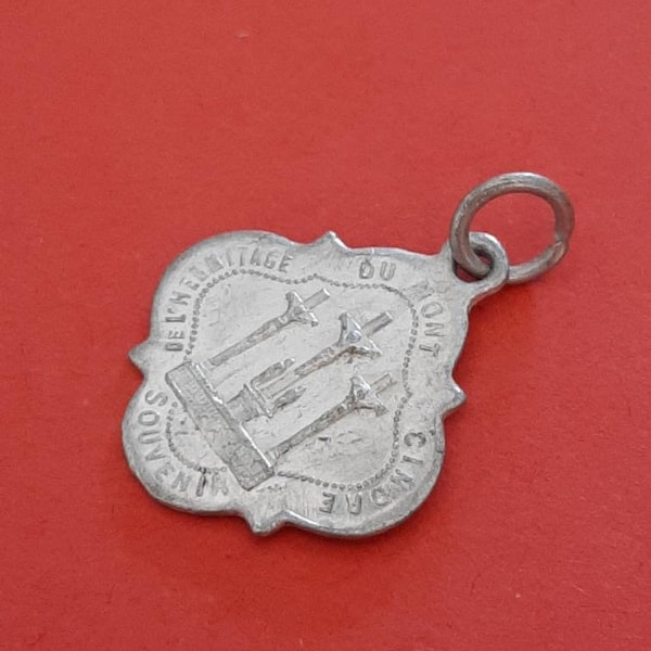 Vintage religious Catholic rare aluminum medal pendant charm of Ermitage du Mont Cindre,The hermitage on the Mont Cindre, Lyon France