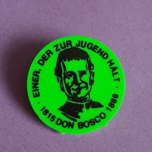 Vintage religious Catholic German plastic neon green pin of Saint John Bosco, plastic badge of or St Giovanni Bosco