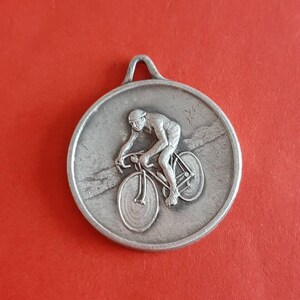 Vintage French silver plated silver sport medal pendant cycling, charm bike racing, cycling, cycliste, Tour de France, cyclisme