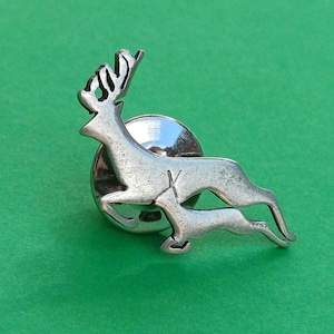 Vintage detailed silver plated deer pin, two running male deers brooch, papa deer with fawn deer pin