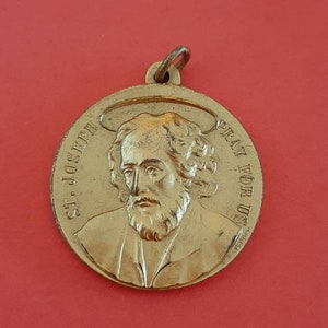 Pendentif médaille religieuse catholique vintage de couleur or de Saint Joseph, Nazareth Academy, Rochester, New York