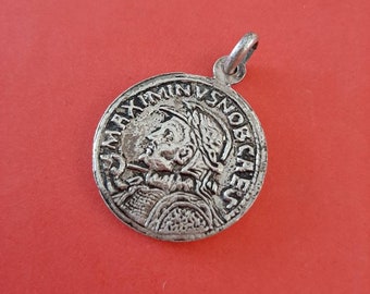 Vintage silver plated medal pendant of MAXIMIANVS NOB CAES, The Roman Empire, Maximinus medal, Maximinus Daia, Augustus Galerius