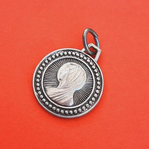Vintage religious Catholic French tiny silver plated medal pendant of Our Lady, Notre Dame charm