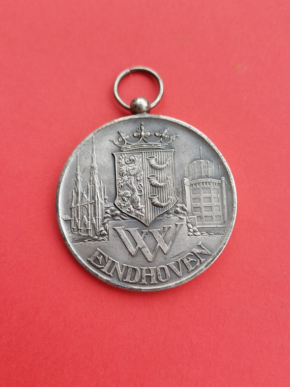 Vintage Dutch silver plated Eindhoven medal pendant, heraldry Eindhoven medal, crest Eindhoven, 1960 water polo medal