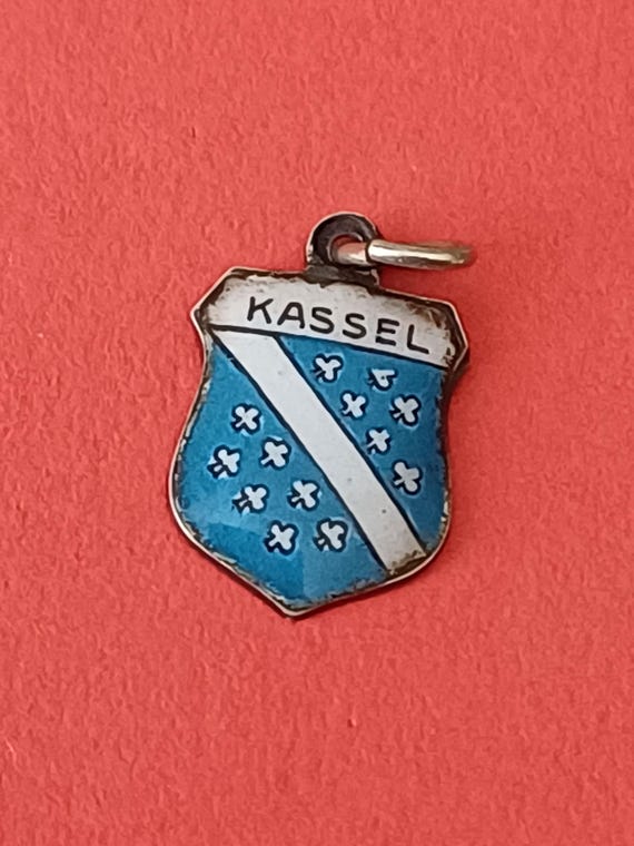 Vintage German silver 800 and enamel travel shield charm of Kassel Germany, Kassel crest, Kassel heraldry, souvenir Kassel Germany