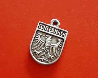 Vintage silver plated travel shield charm of Echternach, Luxembourg, Echternach souvenir charm, crest Echternach, Echternach coat of arms