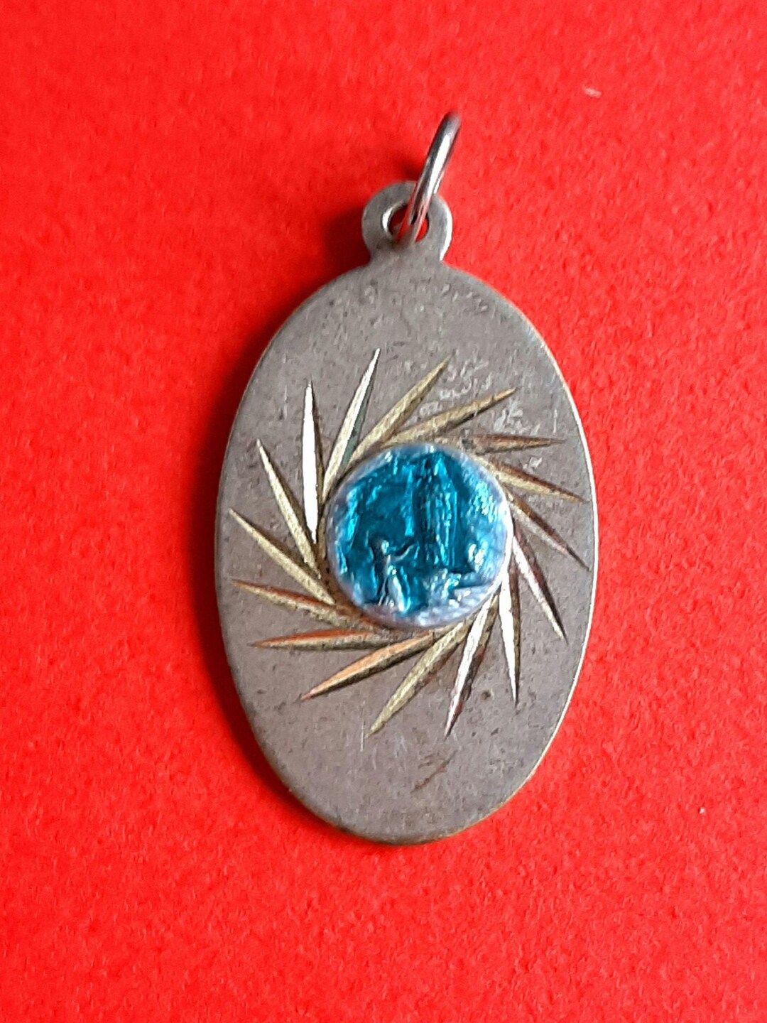 Vintage Religious Catholic French Oval Blue Enamel Charm of Our Lady of ...