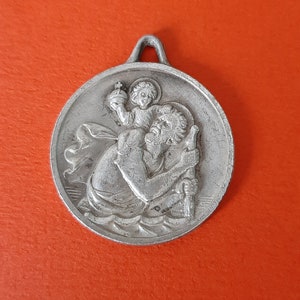 Vintage religious Catholic French silver plated medal pendant of Saint Christopher, St Christopher, Sint Christopher charm