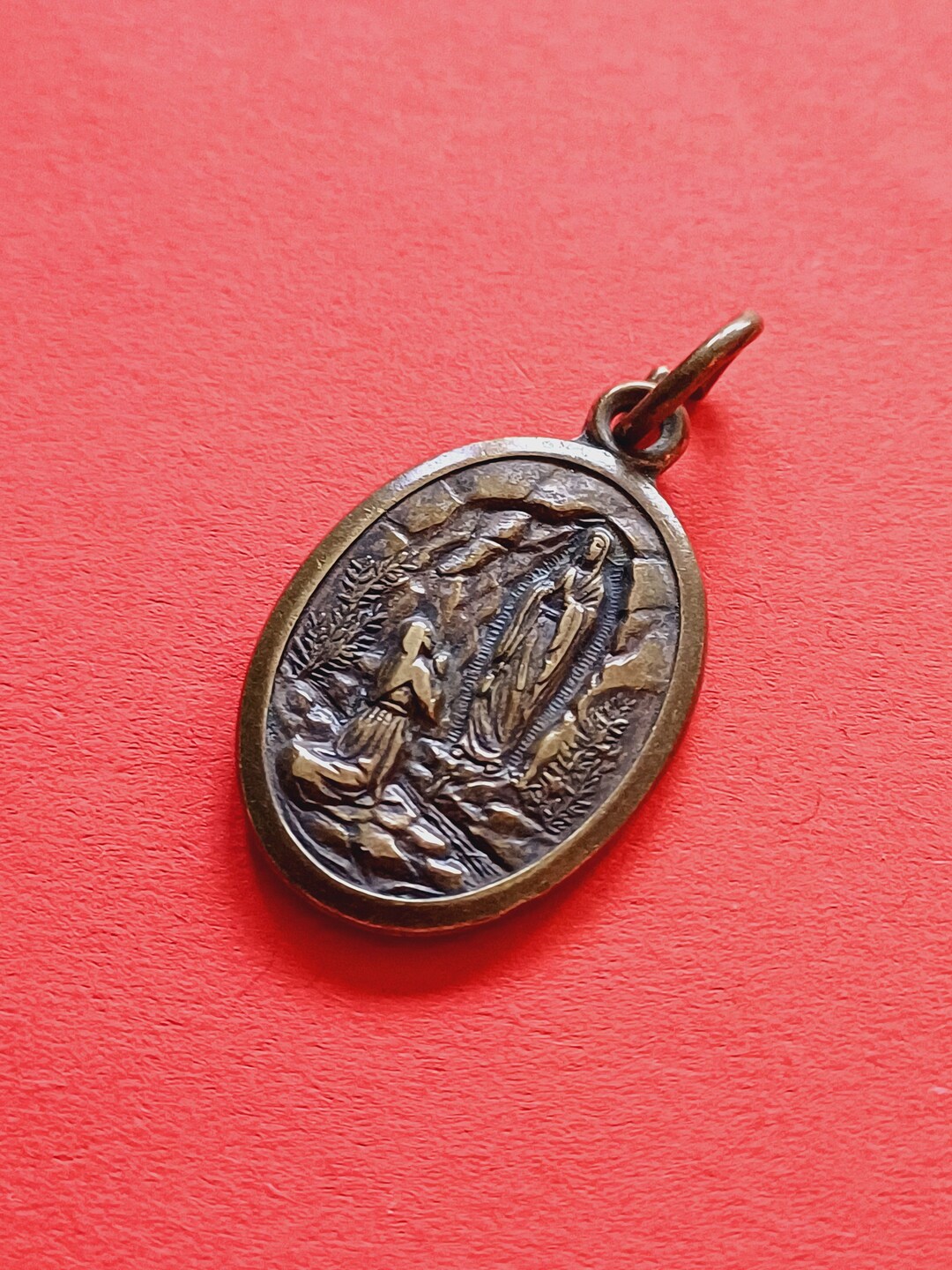 Vintage Religious Catholic Detailed Bronze Oval Medal Pendant of Our ...