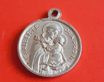 Vintage religious Catholic aluminum medal pendant of St Albert, Saint Alberte and Our Lady of Carmeli