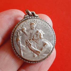vintage religieux catholique Français grand pendentif médaille plaqué argent de Saint Christophe et Saint Valentin, charme Saint catholique